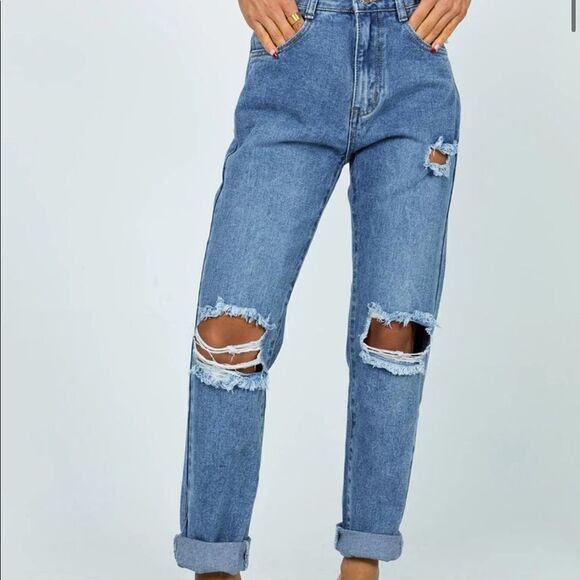 NWT Princess Polly HAYDEN KNEE RIP JEANS MID WASH DENIM - Picture 10 of 12